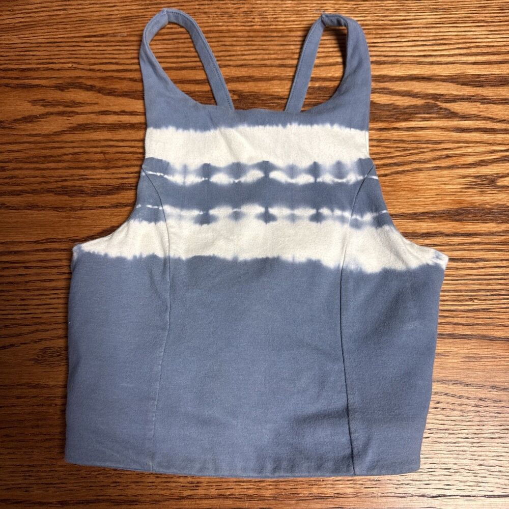AERIE AMERICAN EAGLE High Neck Sports Bra Crop Top Blue White Tie Dye Size XS